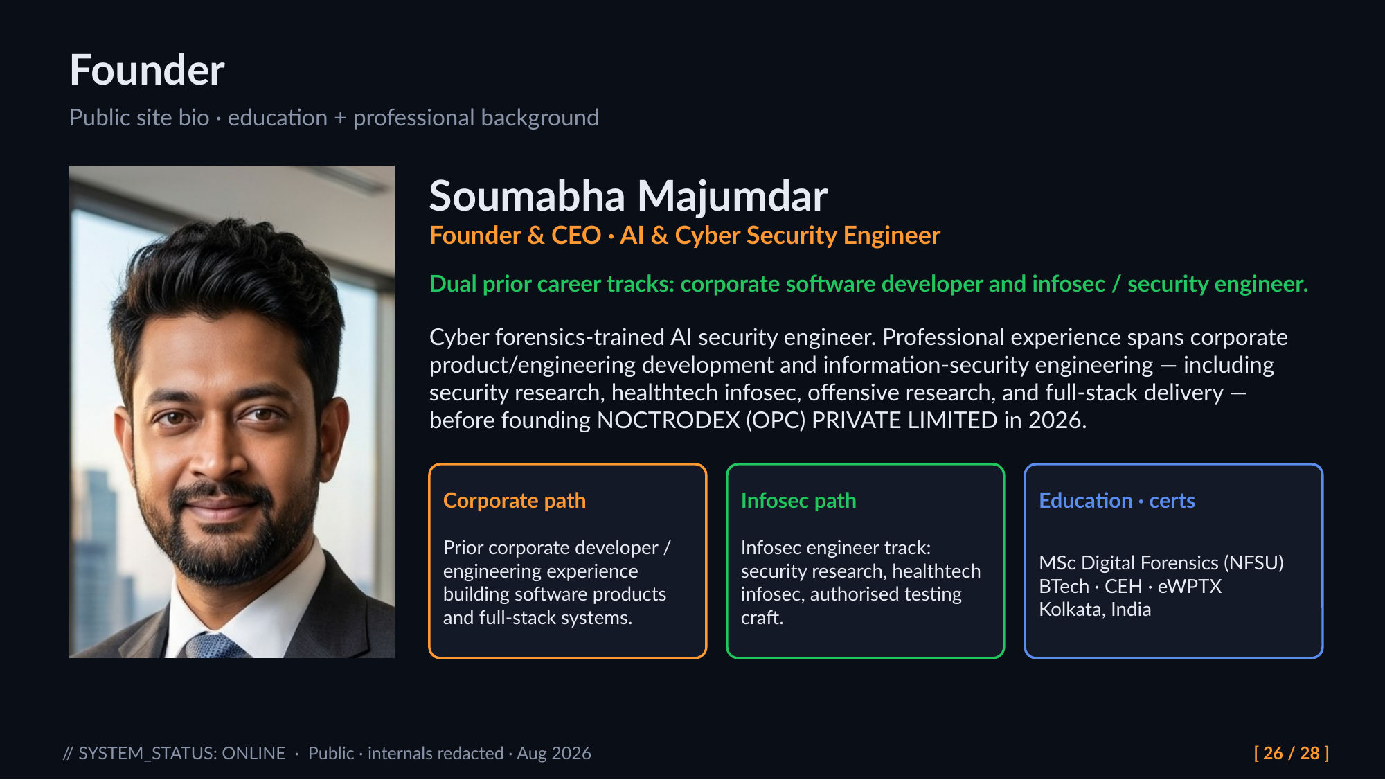 Slide 26: Founder. Public site bio · education + professional background
